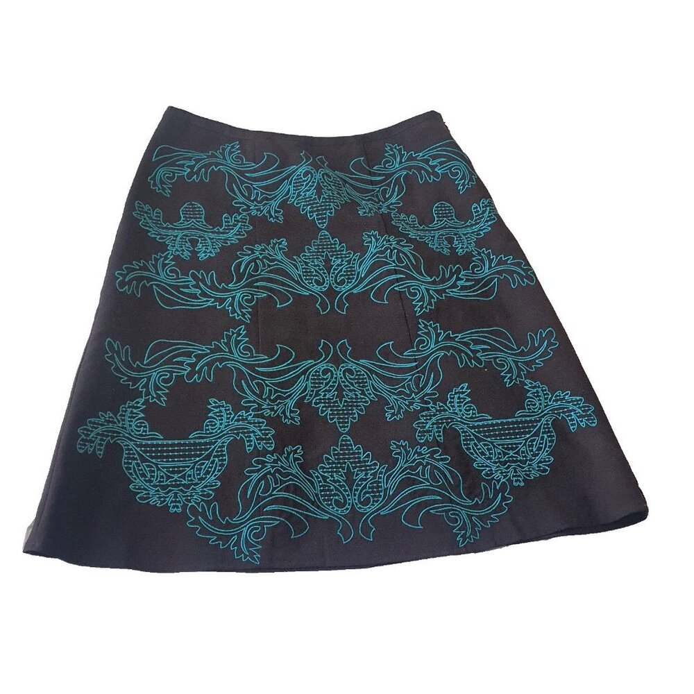 Etcetera Embroidered Skirt Sz 4 Black Teal Work Wool Boho Business Junior Bottom